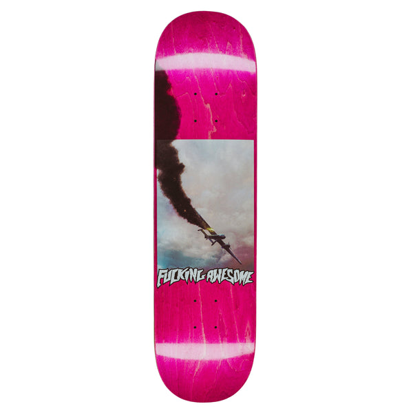 Pink skateboard deck with a graphic of a plane trailing smoke and the text "FUCKING AWESOME JASON DILL SPIRAL" printed below the graphic. Crafted from premium wood veneer, this deck showcases Shape #18 for an exceptional ride.
