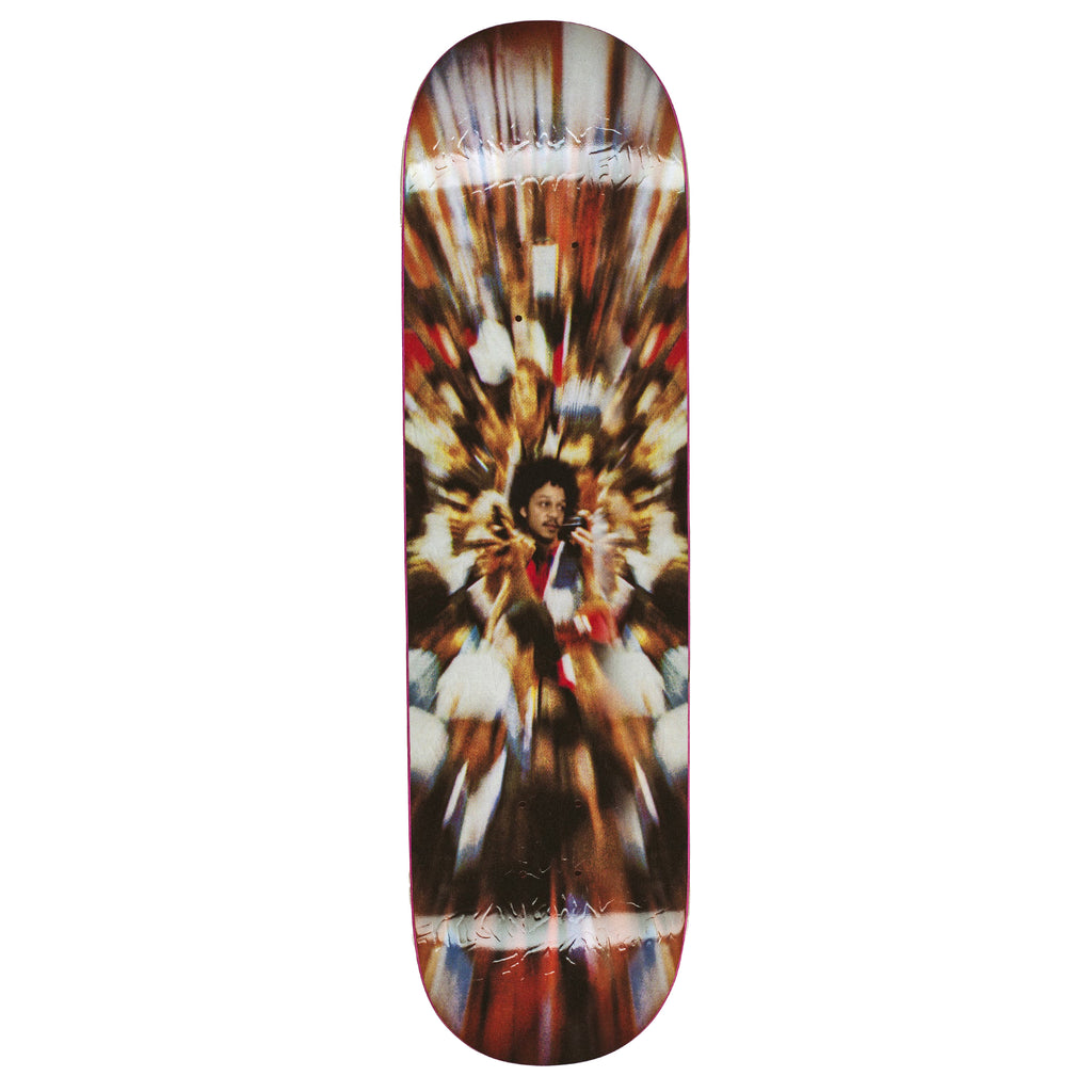 A "FUCKING AWESOME K.B. ZOOM" skateboard deck with an image of a group of people, measuring 8.38" x 31.75".