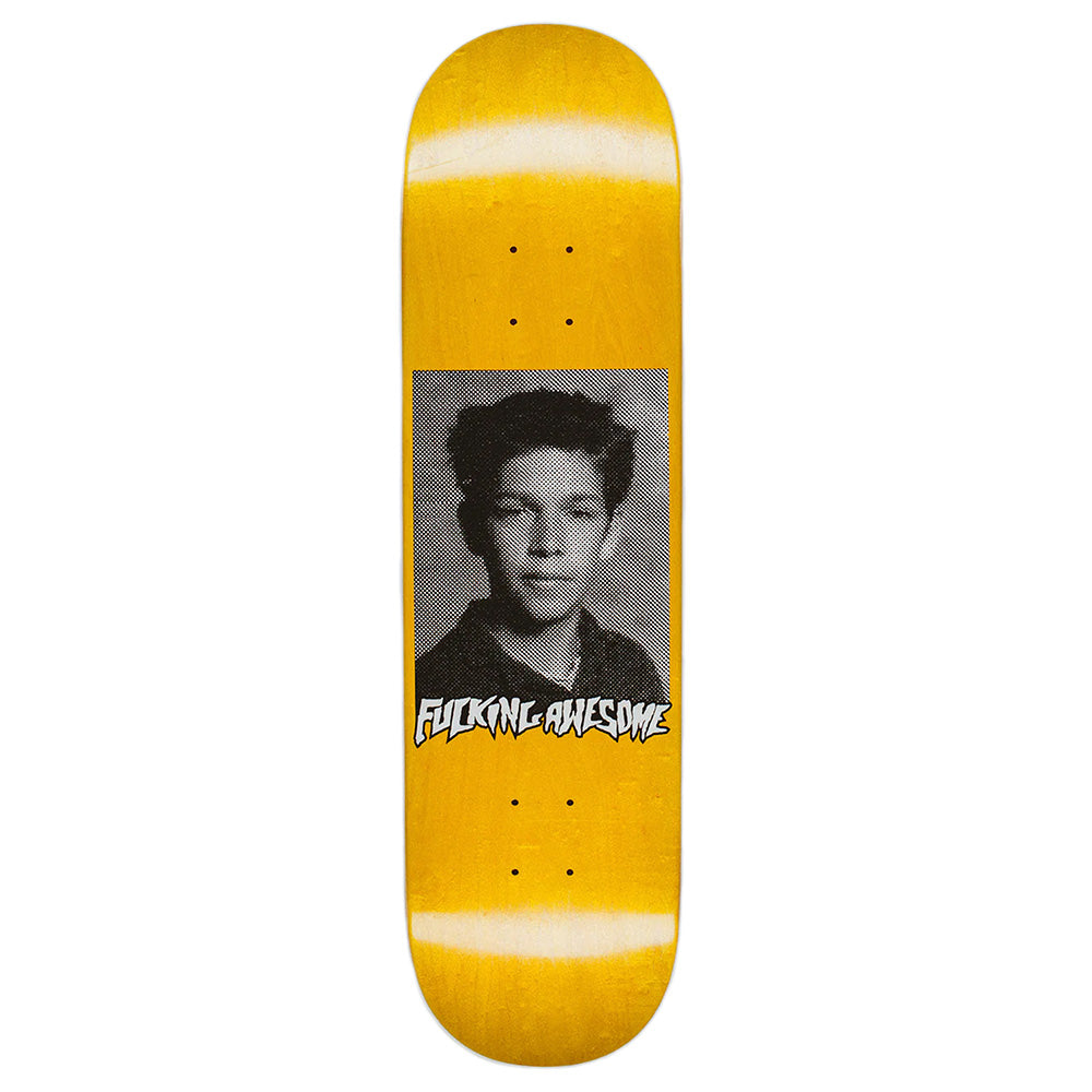 Yellow FUCKING AWESOME skateboard deck featuring a black-and-white portrait of Mark Gonzales and bold white "FUCKING AWESOME" text—an eye-catching piece from the MARK GONZALES CLASS PHOTO collection.