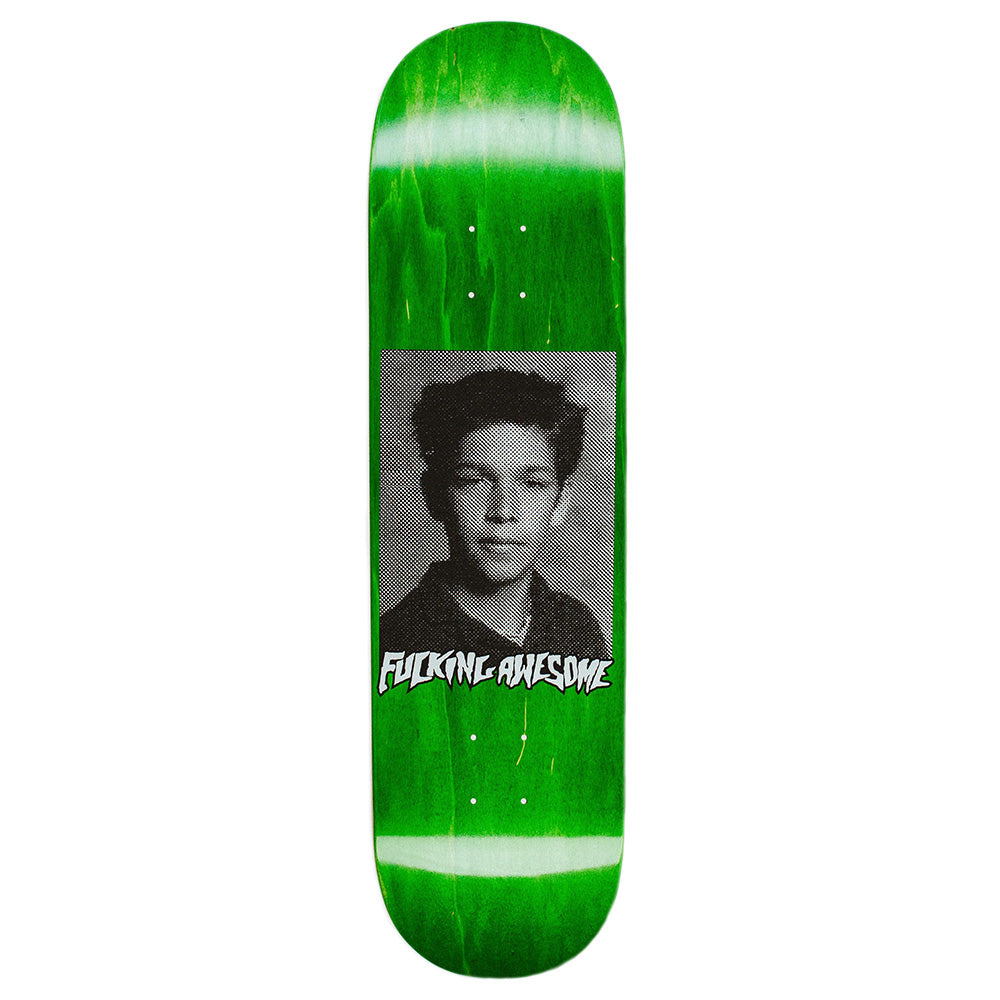 A green skateboard deck from FUCKING AWESOME featuring a black-and-white MARK GONZALES portrait at the center with "FUCKING AWESOME" text below, inspired by GUATEMALA's vibrant culture.