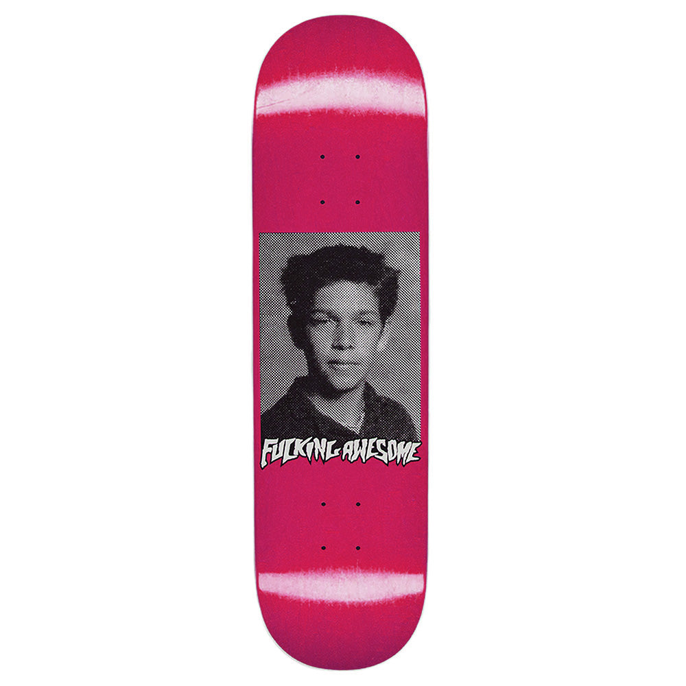 A red FUCKING AWESOME skateboard deck named MARK GONZALES CLASS PHOTO, featuring a black-and-white portrait and the brand's logo below the image.