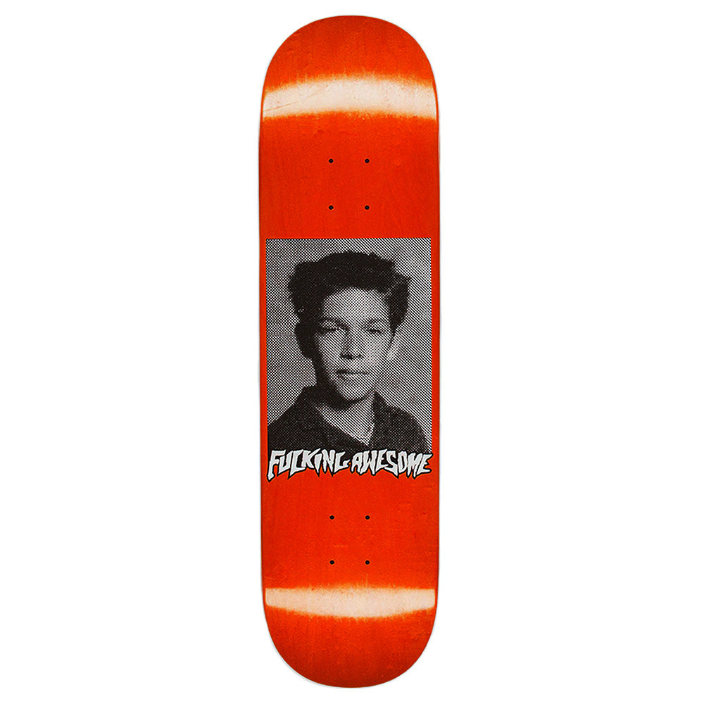 The FUCKING AWESOME MARK GONZALES CLASS PHOTO skateboard deck by FUCKING AWESOME showcases a digital black and white portrait with the brand's name boldly displayed below, all set on an orange background.
