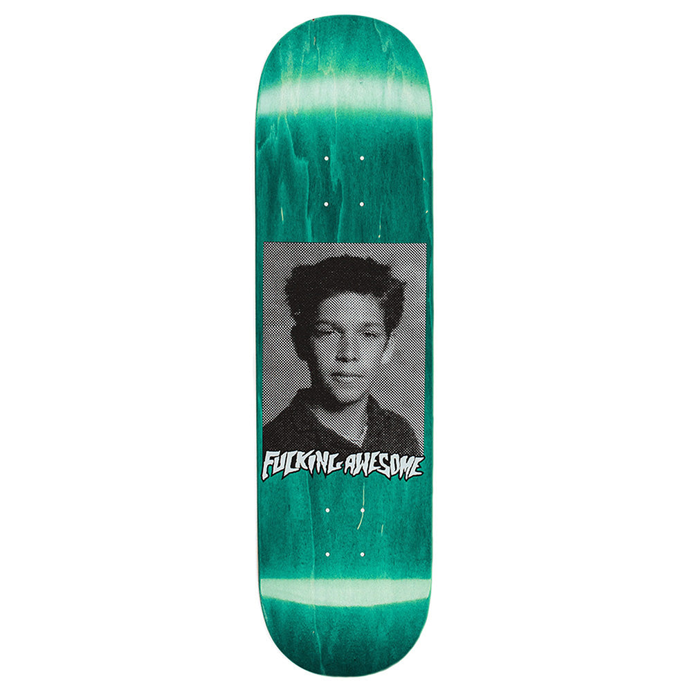 The FUCKING AWESOME MARK GONZALES CLASS PHOTO skateboard deck features a green design with a black-and-white portrait and bold "Fucking Awesome" text below, by the brand FUCKING AWESOME.