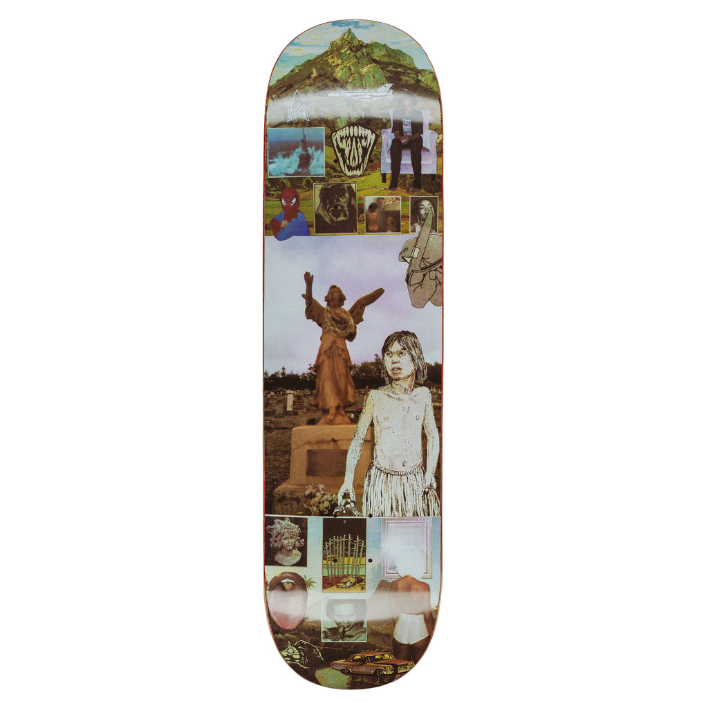 FUCKING AWESOME SAGE ELSESSER TEN OF SWORDS skateboard deck featuring a collage of various images, including a mountain, a statue, and a child. Made with premium wood veneer and inspired by the BERLE RATTLESNAKE CANYON design, it provides an impressive wheel base for smooth rides.
