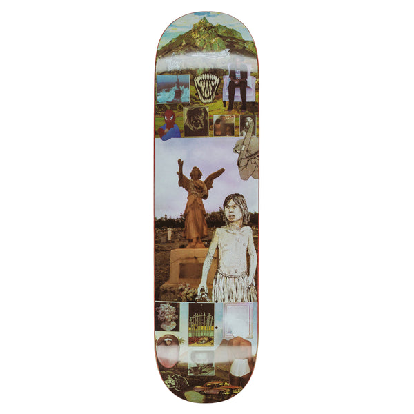 FUCKING AWESOME SAGE ELSESSER TEN OF SWORDS skateboard deck featuring a collage of various images, including a mountain, a statue, and a child. Made with premium wood veneer and inspired by the BERLE RATTLESNAKE CANYON design, it provides an impressive wheel base for smooth rides.
