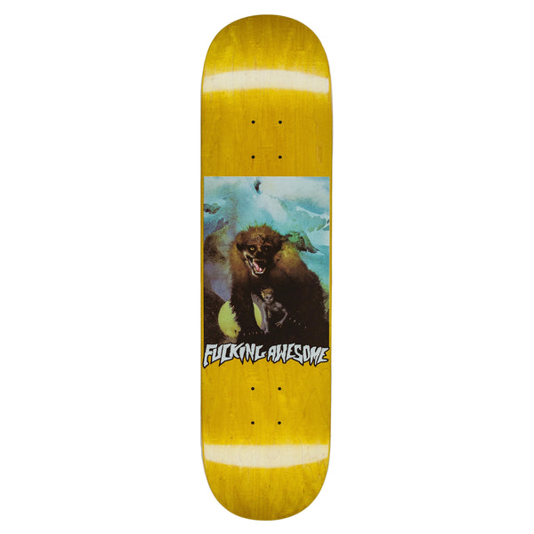 Yellow FUCKING AWESOME CURREN CAPLES PROTECTOR skateboard deck featuring graphic art of a bear catching a fish with the text "Fucking Awesome" below the image, designed by Aidan Mackey.