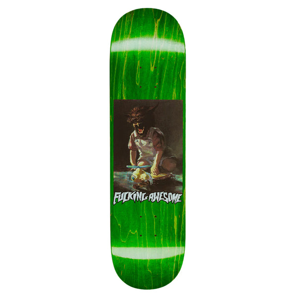 A green skateboard deck with a central image of Aidan Mackey crouching and text reading "FUCKING AWESOME" beneath the image.