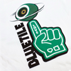 The Bluetile Skateboards PRE-ORDER Green Foam Finger Tee in white features a graphic of a green foam finger, the word "LOVE," an eye with a halo, and the bold text "DUETTLE.