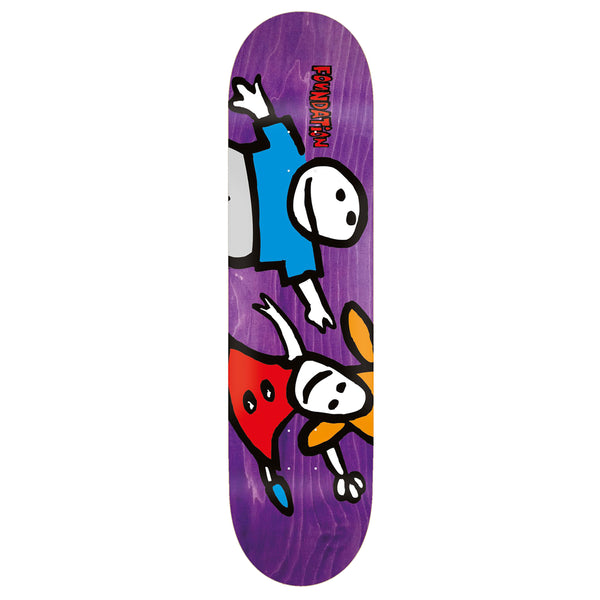 A purple Foundation skateboard with two people on it.