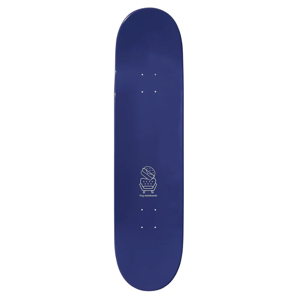 a blue FROG skateboard with a cupcake on it.