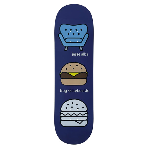 A blue FROG skateboard with different types of burgers, including the ALBA, GHOST and BURGER designs on it.