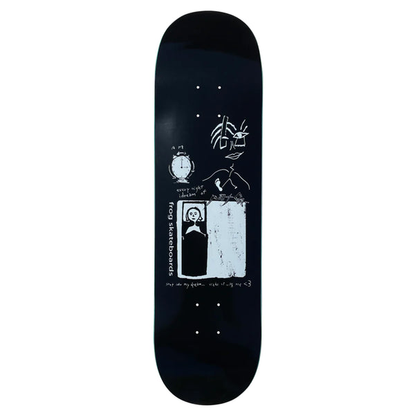 A FROG skateboard with a drawing of a man on it.