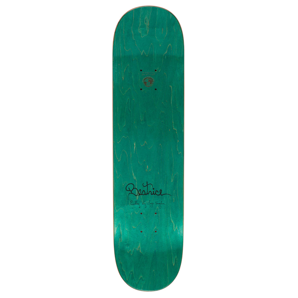A green FUCKING AWESOME BEATRICE GUARDIAN skateboard with black text designed by Beatrice Domond and featuring the Guardian logo.
