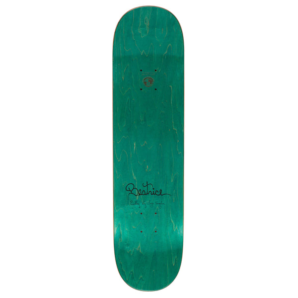A green FUCKING AWESOME BEATRICE GUARDIAN skateboard with black text designed by Beatrice Domond and featuring the Guardian logo.