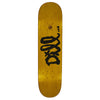 A yellow skateboard with black writing on it, featuring the words "FUCKING AWESOME DILL ANGEL WITH DEMONIC ANGEL" in bold from the brand FUCKING AWESOME.
