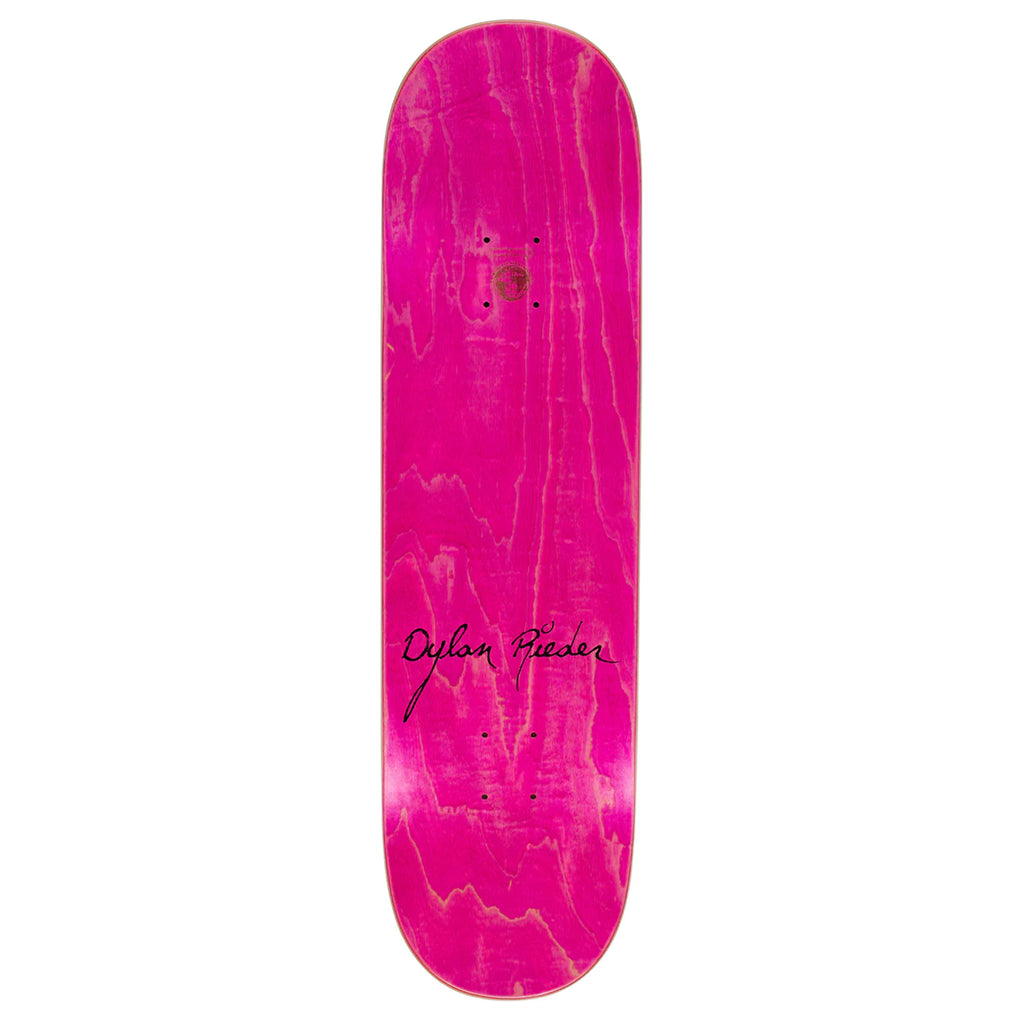 A pink skateboard with art and writing by FUCKING AWESOME DYLAN PHOTO BY DILL of the brand FUCKING AWESOME.