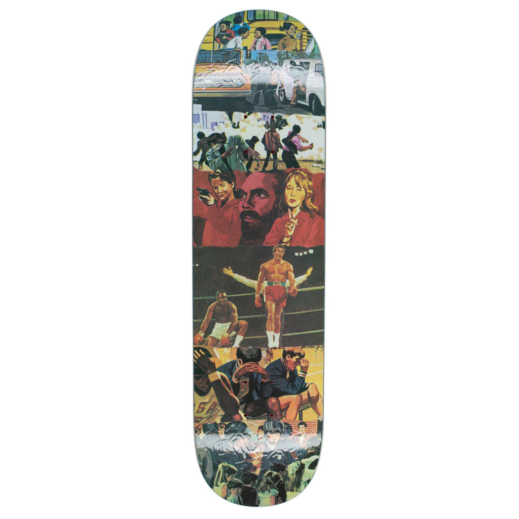 graphic skateboard with collaged paintings on all over embossing 