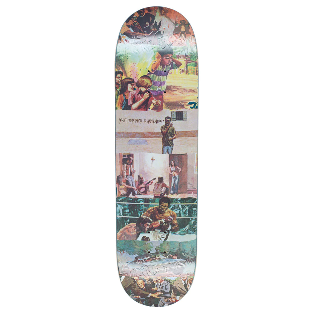 graphic skateboard with collaged paintings on all over embossing 
