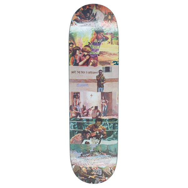 graphic skateboard with collaged paintings on all over embossing 
