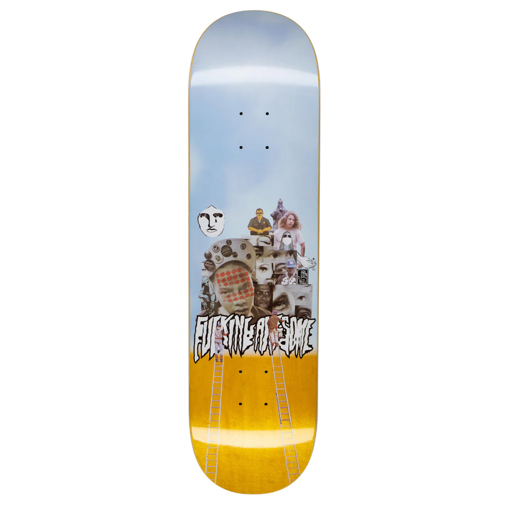 A skateboard deck with a collage image of faces and people climbing ladders.