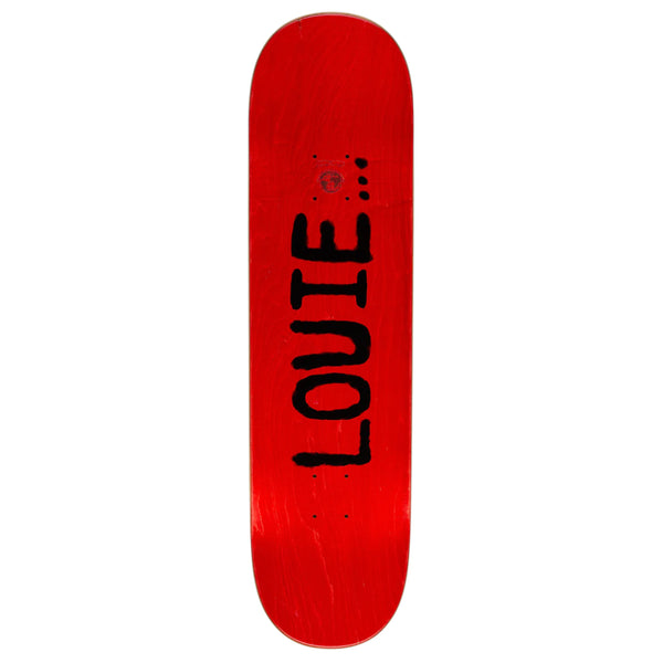 Louie" signature text on top of stained skateboard top