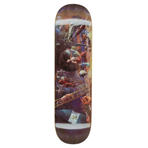 A skateboard deck by FUCKING AWESOME featuring a cosmic-themed design with vibrant images of astronauts, planets, and space-related objects, inspired by the Ten of Swords.