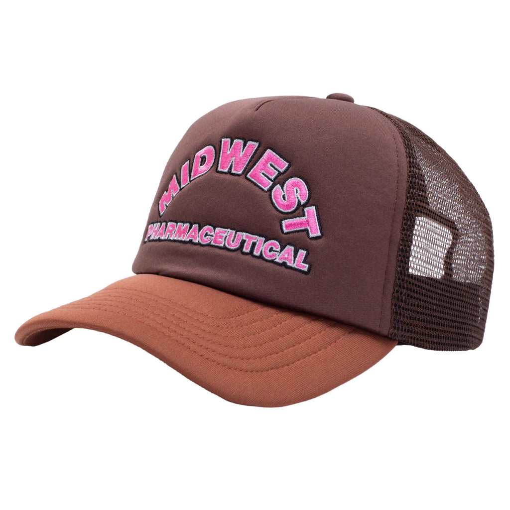 A brown and pink Fucking Awesome Midwest Trucker Hat with the word wildwest embroidered on it.