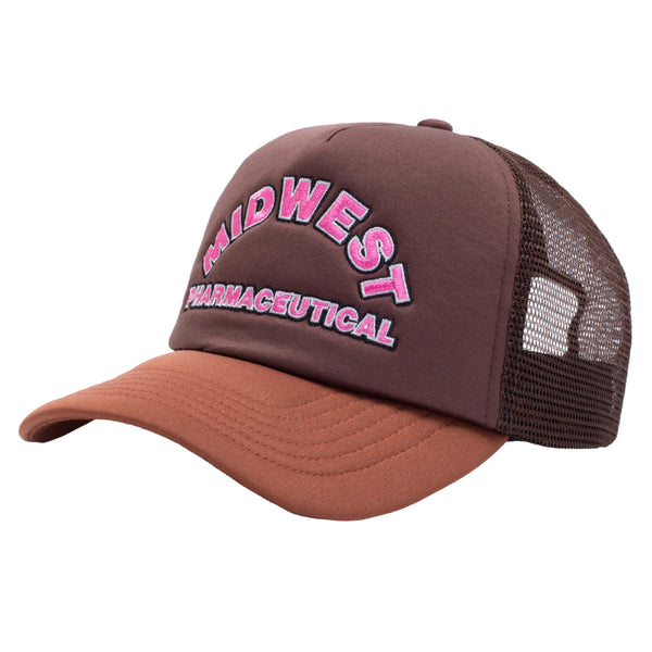 A brown and pink Fucking Awesome Midwest Trucker Hat with the word wildwest embroidered on it.