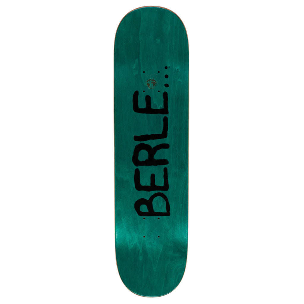 "Berle" signature text on top of stained skateboard top