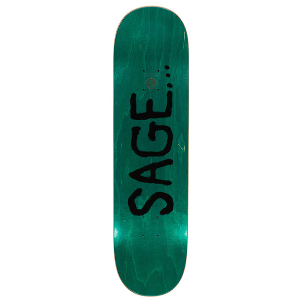 A green skateboard with the word FUCKING AWESOME SAGE WAYS OF KNOWING on it.