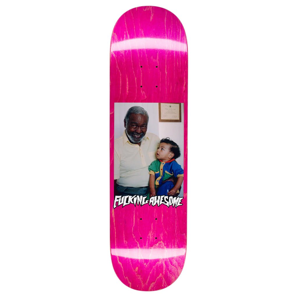 A pink FUCKING AWESOME skateboard with a picture of Sage Elsesser.