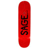 "Sage" signature text on top of stained skateboard top