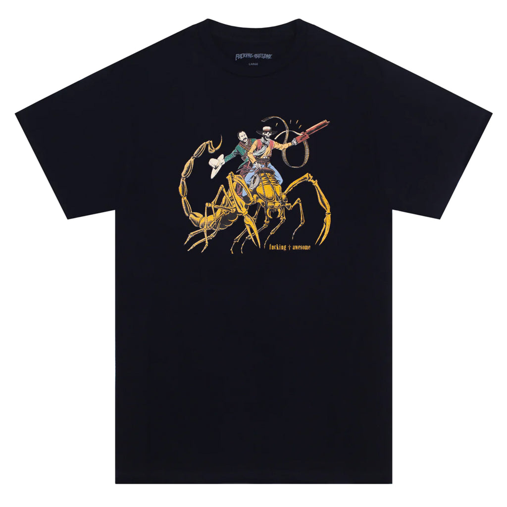 A black FUCKING AWESOME t-shirt with an image of a man riding a horse, perfect for the FIRST CHURCH THERMAL fans.