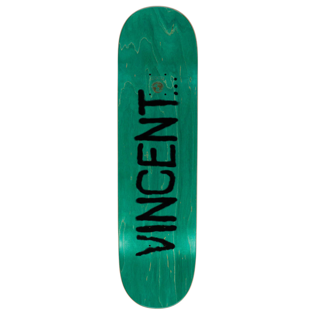 "Vincent" signature text on top of stained skateboard top