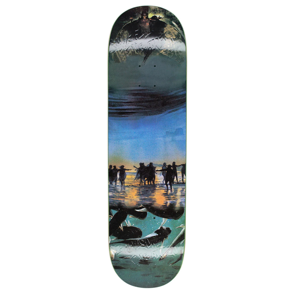 collaged images of a beach scene on an embossed skateboard deck