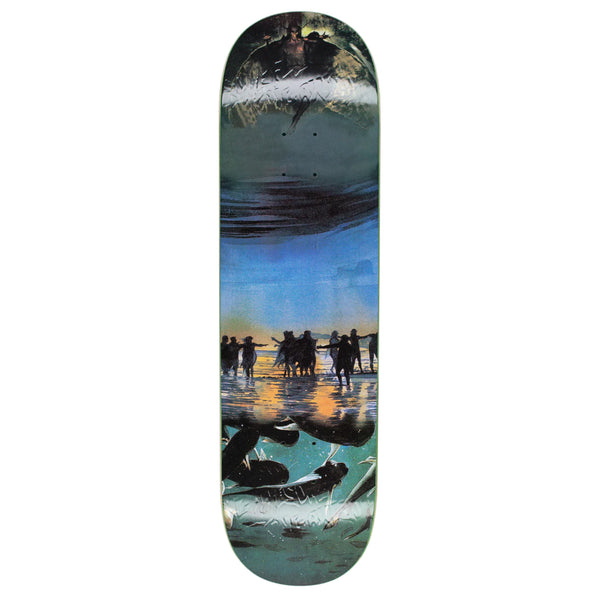 collaged images of a beach scene on an embossed skateboard deck