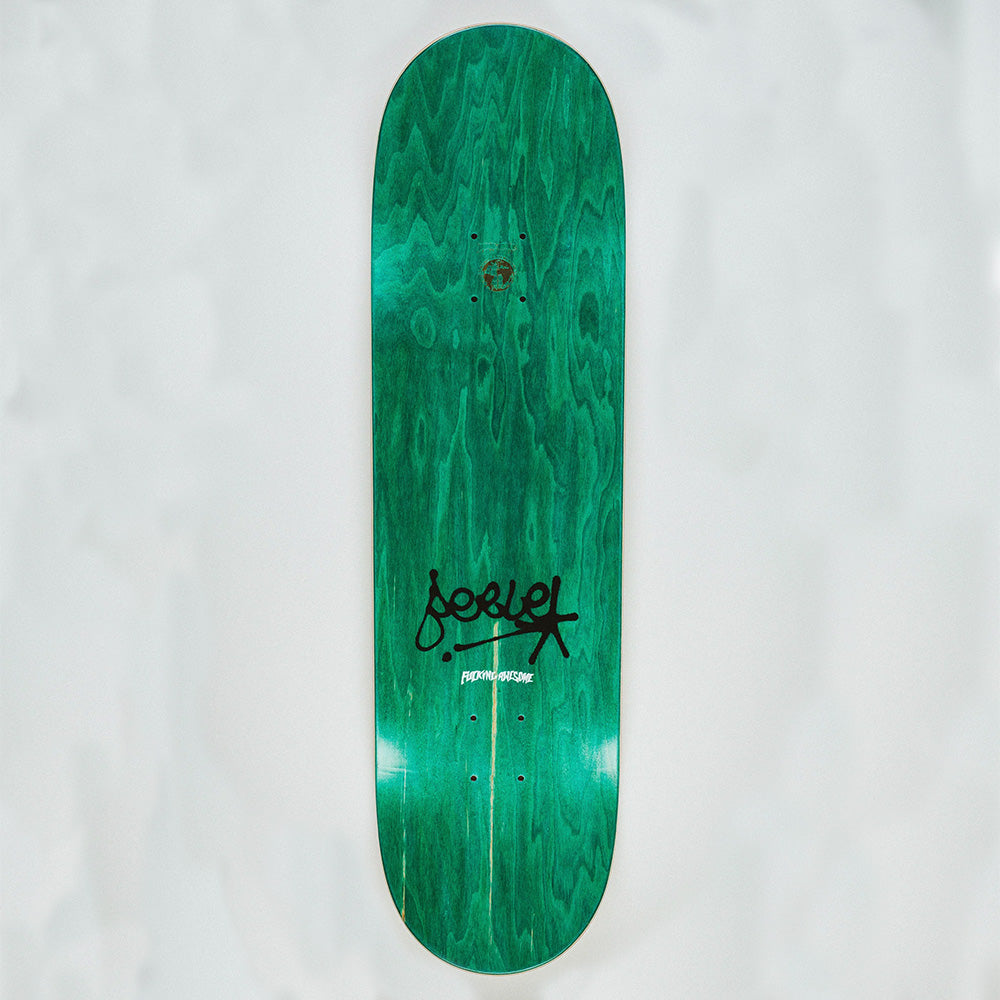 The FUCKING AWESOME X SICKID BERLE CLASS PHOTO skateboard deck features a green finish with visible wood grain and a black Kevin Bradley signature-style graphic near one end.