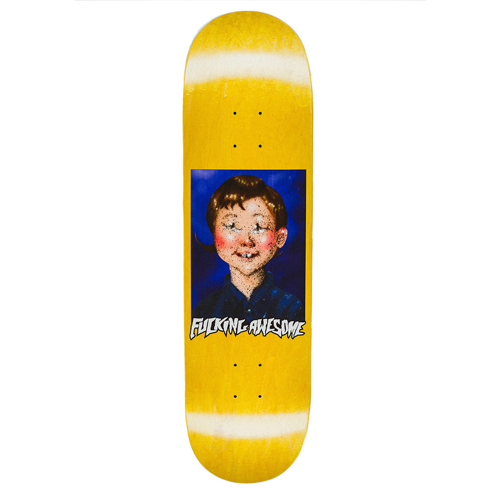 Yellow FUCKING AWESOME deck featuring SICKID's illustration of a smiling child and "Fucking Awesome" text, as seen in the Kevin Bradley collection. Product: FUCKING AWESOME X SICKID BERLE CLASS PHOTO.