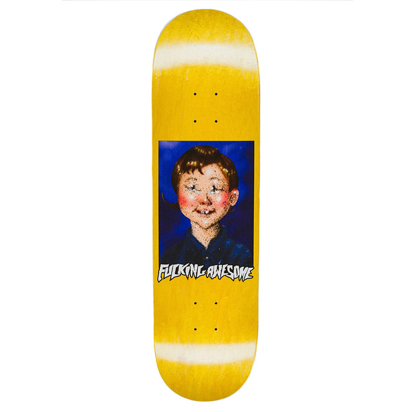 Yellow FUCKING AWESOME deck featuring SICKID's illustration of a smiling child and "Fucking Awesome" text, as seen in the Kevin Bradley collection. Product: FUCKING AWESOME X SICKID BERLE CLASS PHOTO.