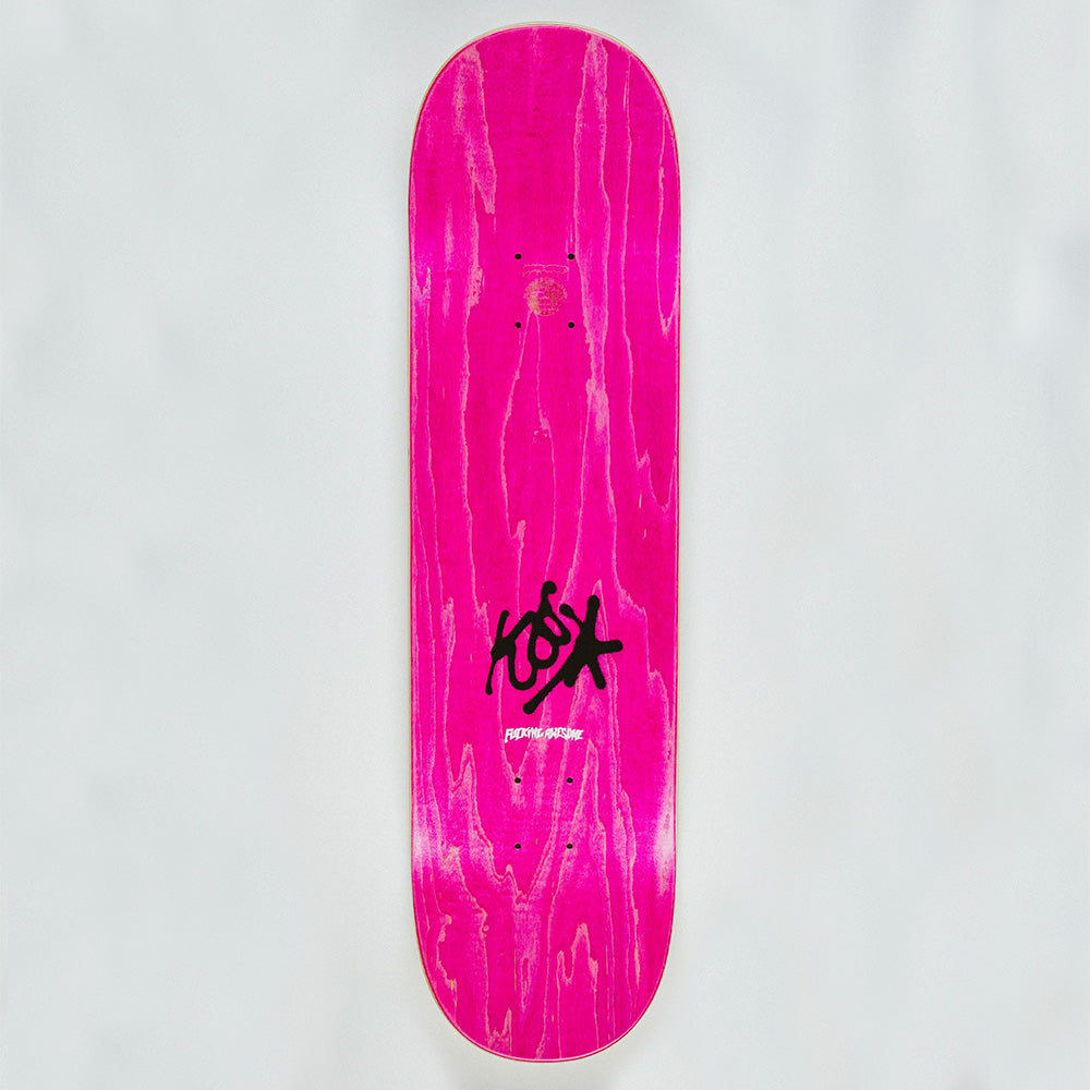 The FUCKING AWESOME X SICKID K.B. CLASS PHOTO skateboard deck by FUCKING AWESOME features a pink underside with a black graffiti-style logo and white text, displayed on a light gray background.
