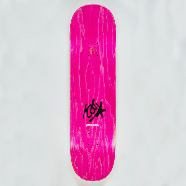 The FUCKING AWESOME X SICKID K.B. CLASS PHOTO skateboard deck by FUCKING AWESOME features a pink underside with a black graffiti-style logo and white text, displayed on a light gray background.
