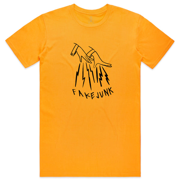 Orange T-shirt with a black graphic design depicting two hands above abstract lines and the text "FAKEJUNK." This FAKE JUNK LOGO TEE GOLD by FAKE JUNK is made of 100% combed cotton and features a screen-printed design.