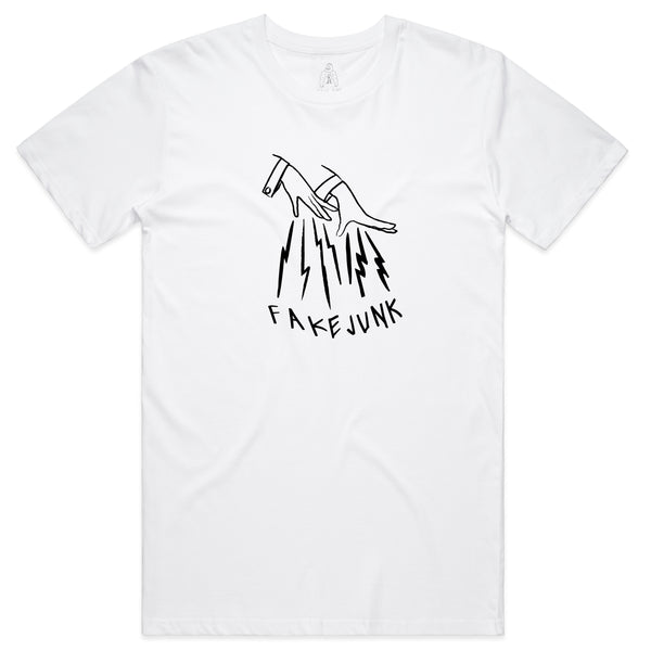 The FAKE JUNK Logo Tee in white is made from 100% combed cotton and features a screen-printed illustration of a hand holding a high-heeled shoe above jagged lines, with the text "FAKE JUNK PROTECT T-SHIRT" below.