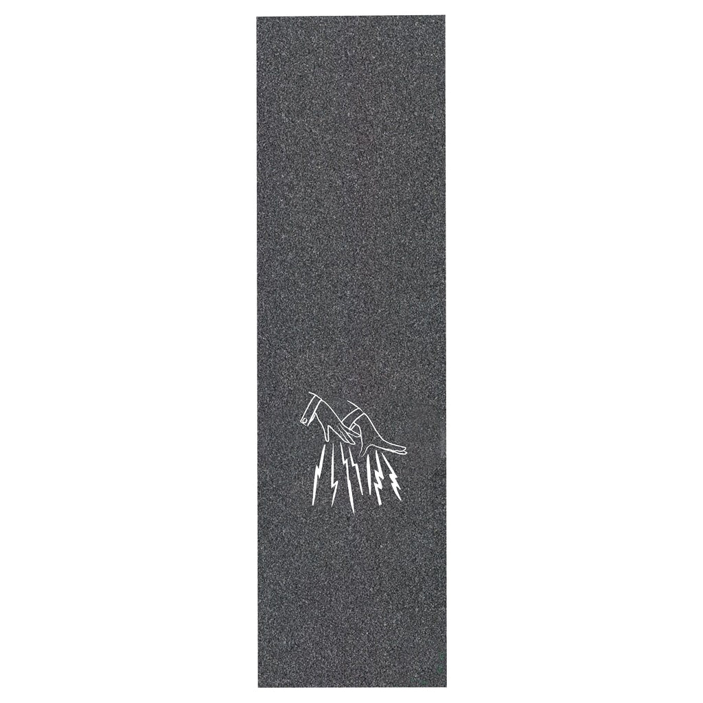 a sheet of black griptape with a white logo of hands and lightning
