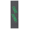 A black skateboard with FAKE JUNK griptape stencil in pine green on it.