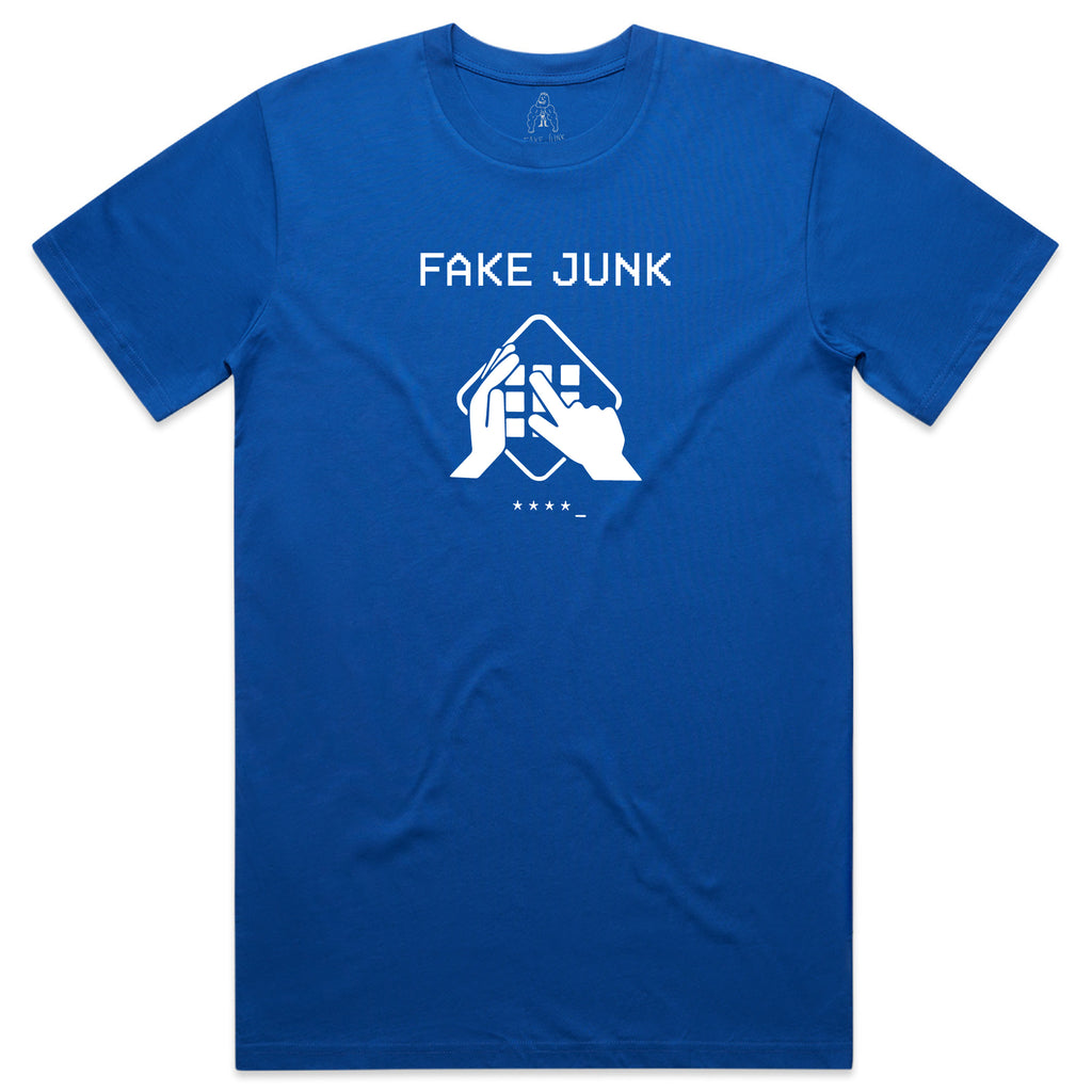 The FAKE JUNK PROTECT TEE BLUE from FAKE JUNK features the text "FAKE JUNK PROTECT T-SHIRT" above a graphic of two hands holding a cube, with four stars positioned below. This blue t-shirt offers a regular fit and is crafted from 100% combed cotton for ultimate comfort.