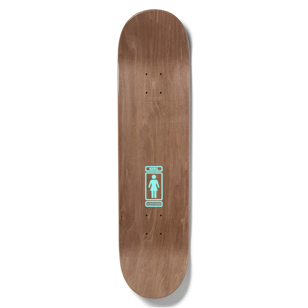 The stop of a brown stained skateboard deck with the girl logo printed small in teal.
