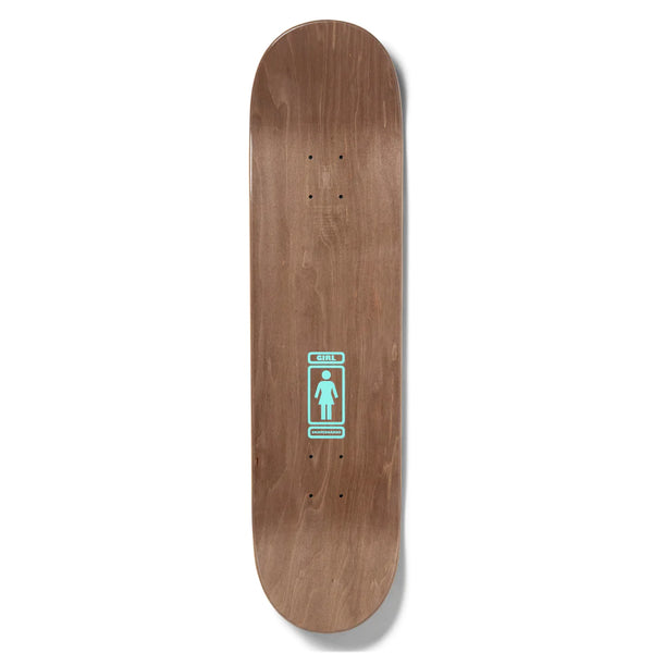 The stop of a brown stained skateboard deck with the girl logo printed small in teal.