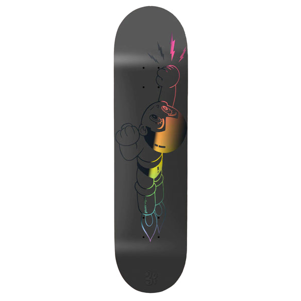 A black GIRL CARROLL ASTRO REFLECTIVE skateboard with a colorful drawing on it.