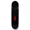The top of a black stained skateboard deck with the girl logo printed small.